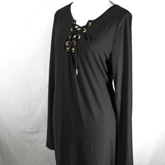 NWT Goth Witchy Plus Size 2X Black Bell Sleeve Corset Stitch Up Neckline Dress - Picture 9 of 12